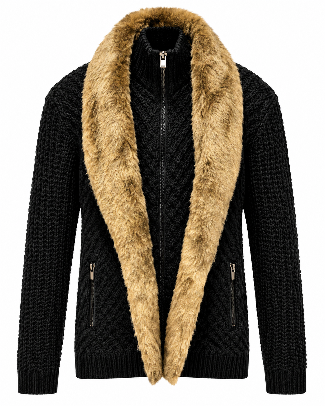 Bespoke Moda Men's Fur Collar Zip Sweater in Black – men's Bespoke Moda sweater at Turning Point, Baltimore