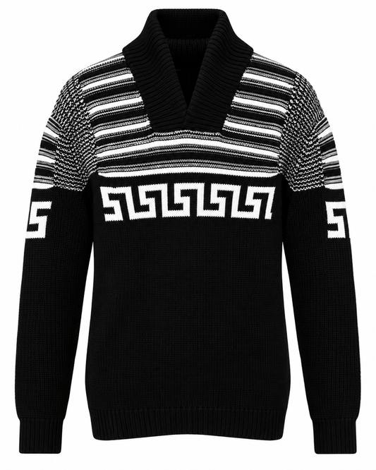 Bespoke Moda Men's Greek Key Quarter Zip Sweater in Black / White – men's Bespoke Moda sweater at Turning Point, Baltimore