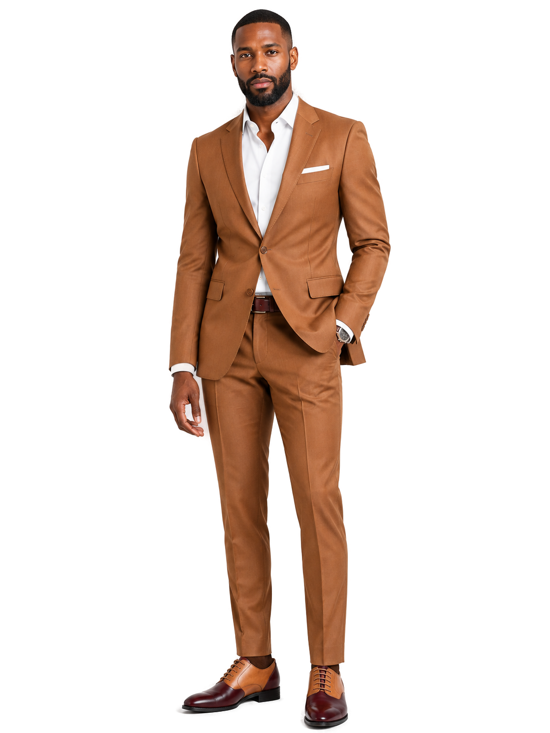 Two-Tone Burgundy/Tan - Model wearing shoe - c3f18a23-2449-4d90-9fc4-006bcf34a42e-bg-white.png