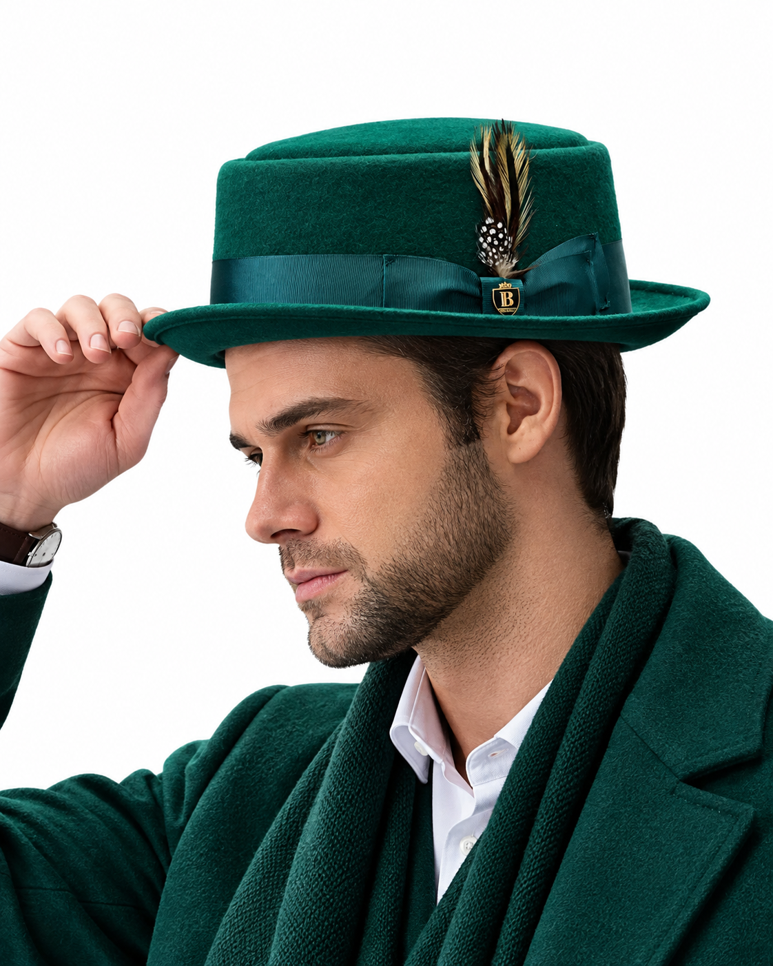 Man wearing green wool felt pork pie hat – styled side view