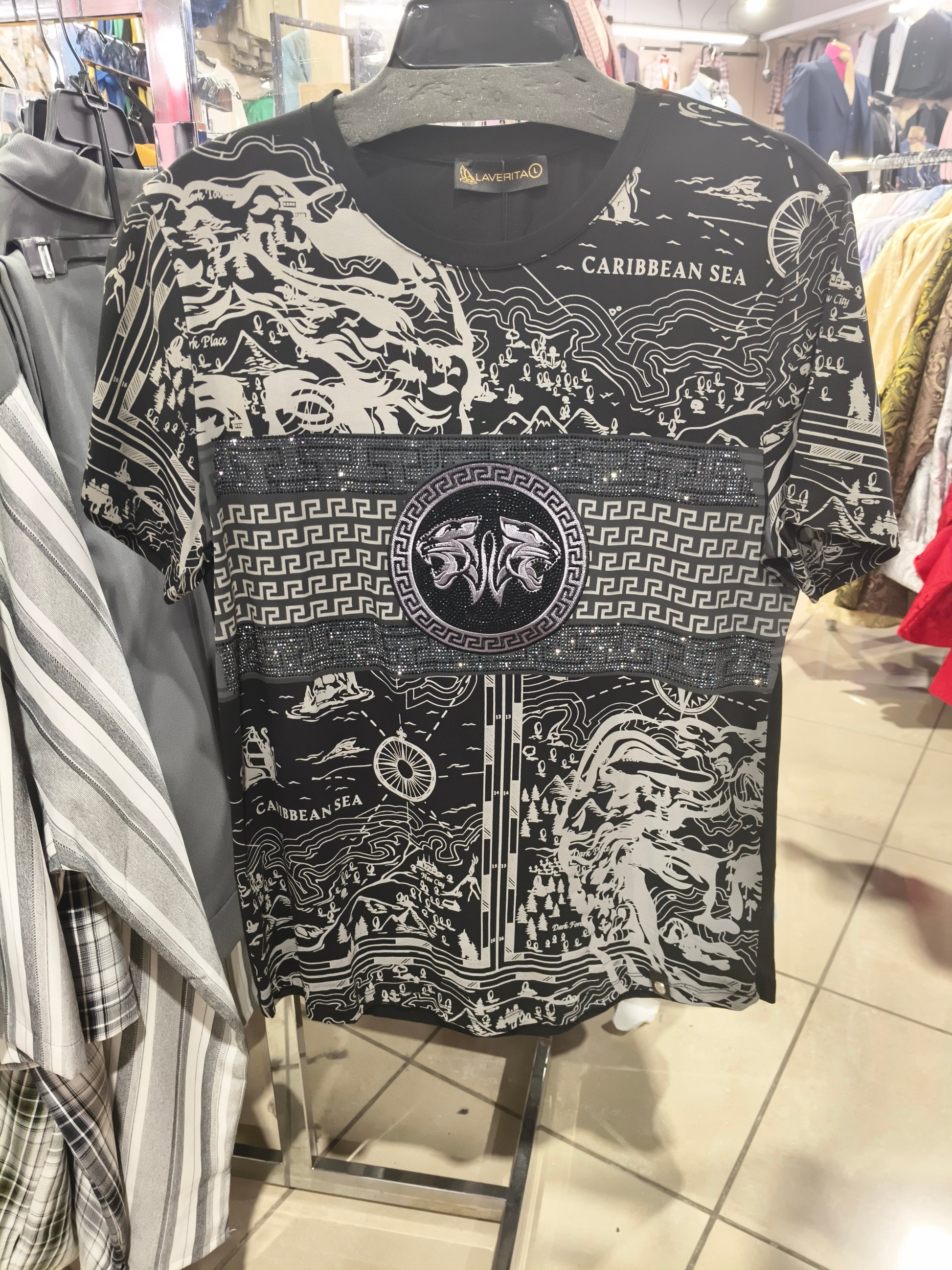 Laverita Caribbean Sea Short Sleeve T-Shirt - caribbean-sea-black-white.jpg