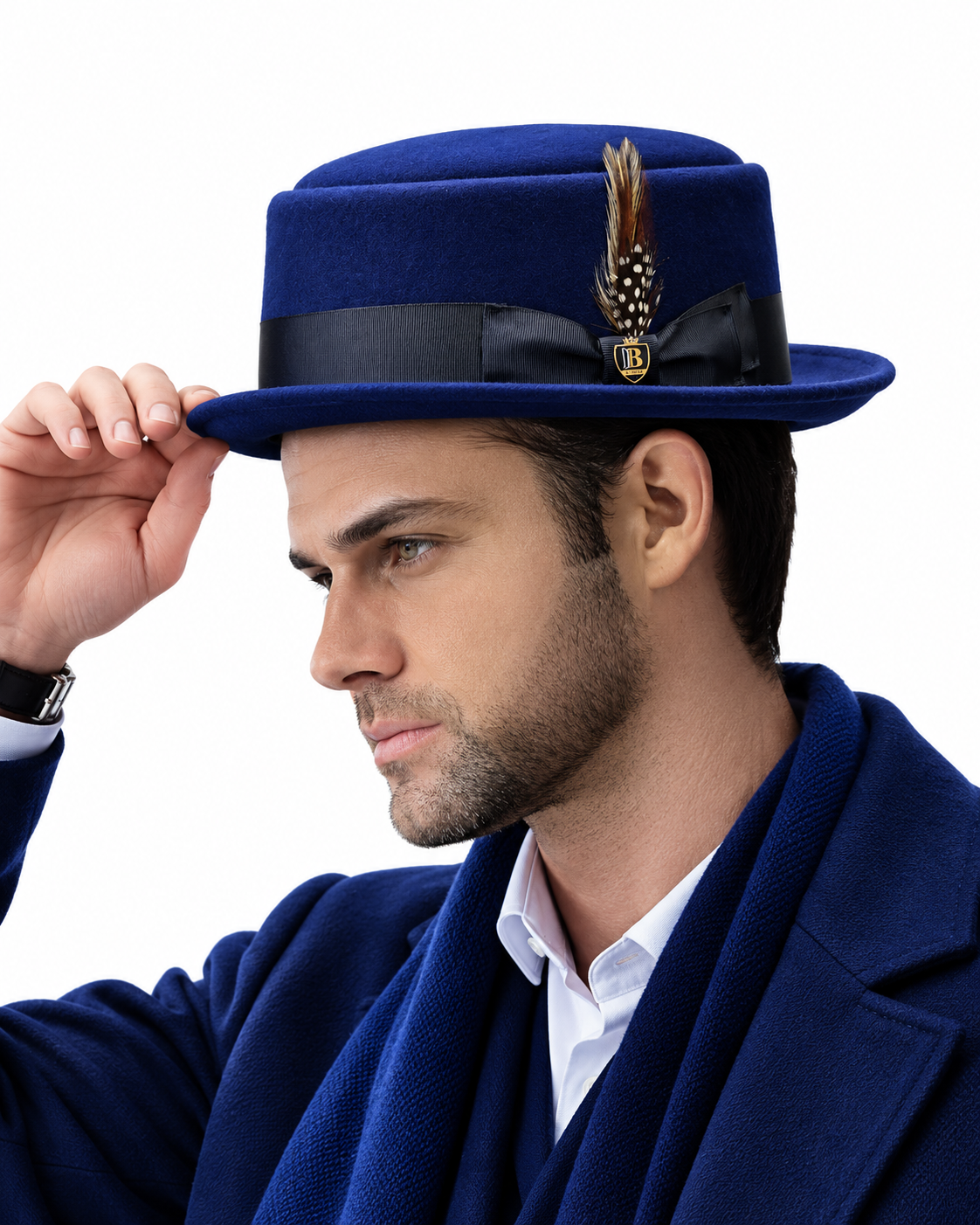 Man wearing navy blue wool felt pork pie hat – styled side view