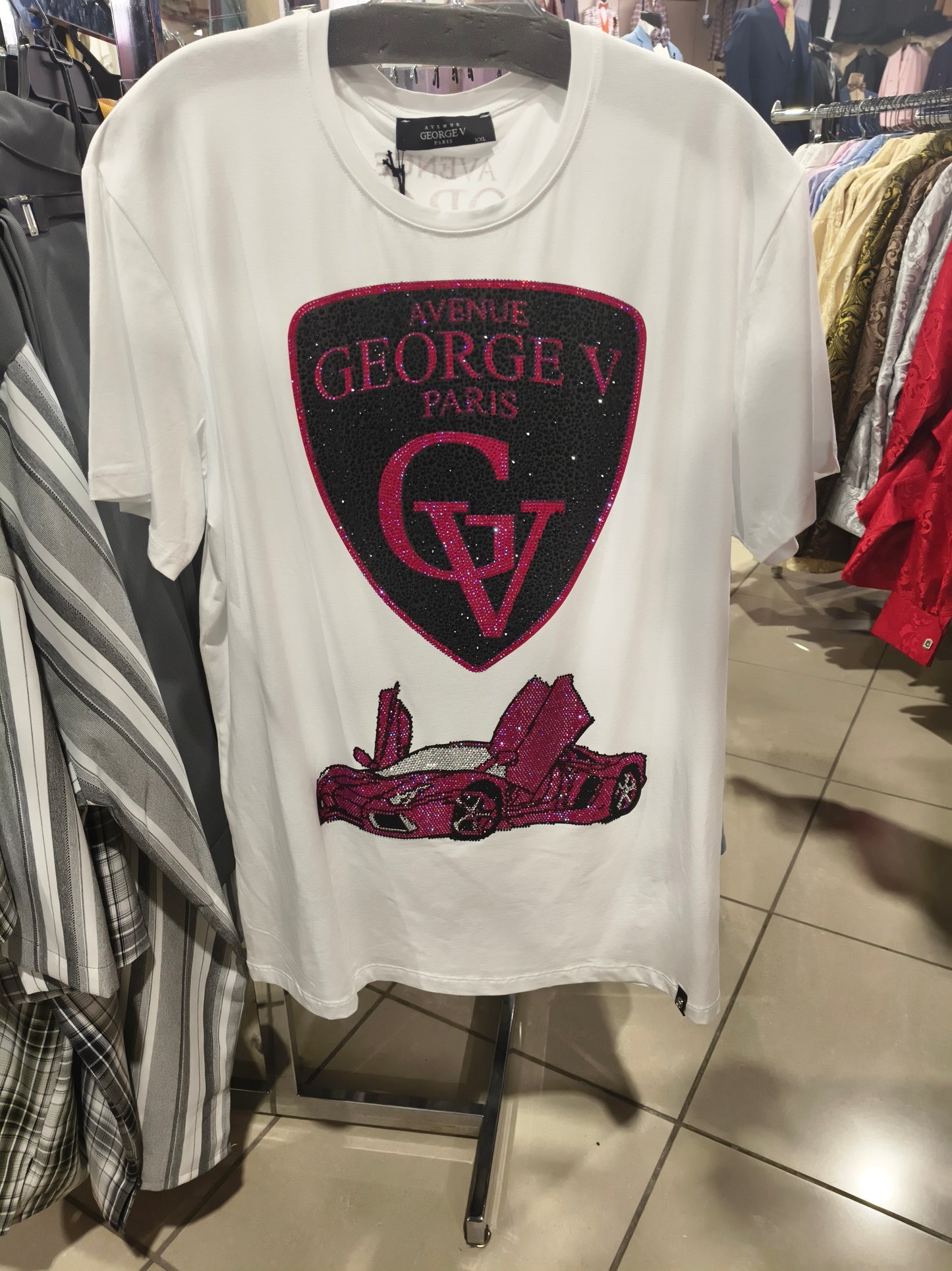 George V Crest Car Short Sleeve T-Shirt - crest-car-white-pink-highres.jpg