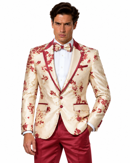Manzini Men's Designer Blazer – Cream & Burgundy Floral - Manzini designer blazer photo 1 - d0645b39-9b7e-4fef-8f3a-75f68d8c5ba4.png