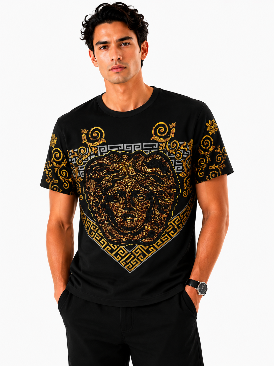George V Gold Medusa Short Sleeve T-Shirt - Black / Gold - front - d81063e5-df3d-4755-adae-b4364db6d0da.png