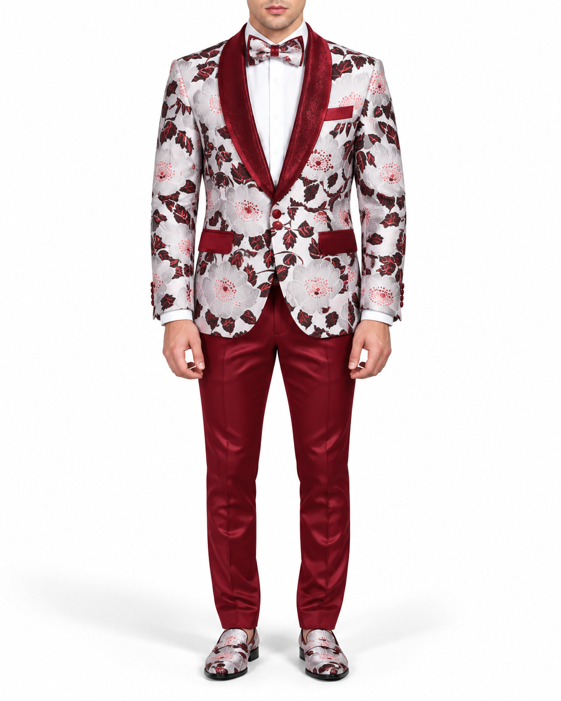 Manzini Men's Designer Blazer – White & Burgundy Floral - Manzini designer blazer photo 2 - db6333d5-6637-4f9a-ba2c-d198f96c7e97.png