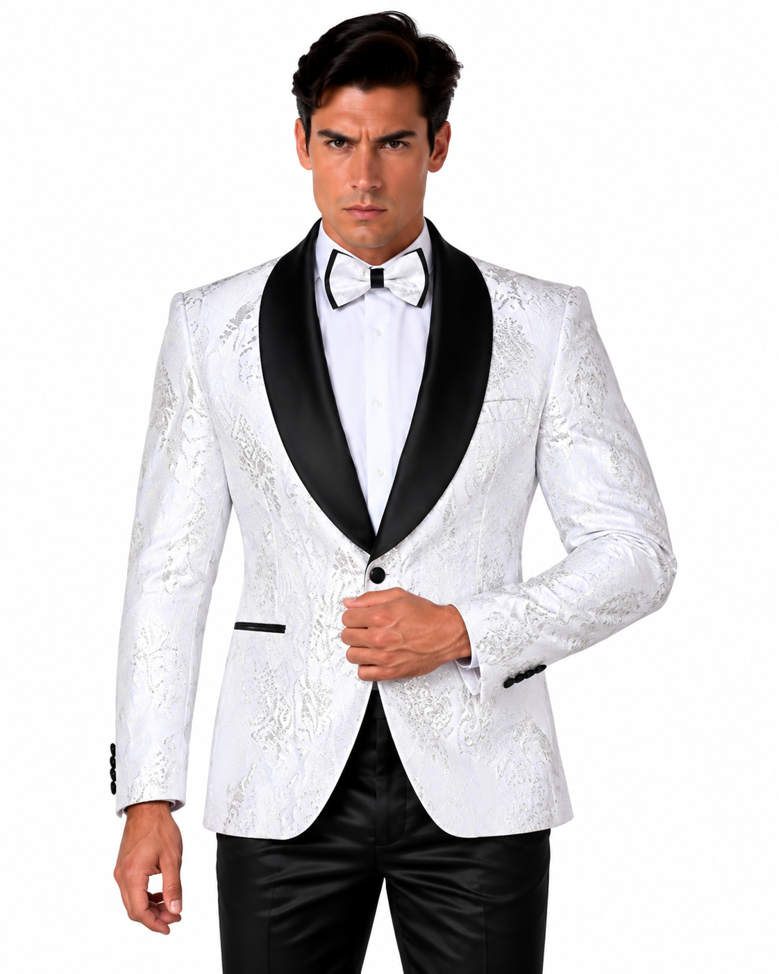 Manzini Men's Designer Blazer – White Jacquard, Black Lapel - Manzini designer blazer photo 4 - e166d8ee-a60b-4949-b7f0-b82689bdd81e.png
