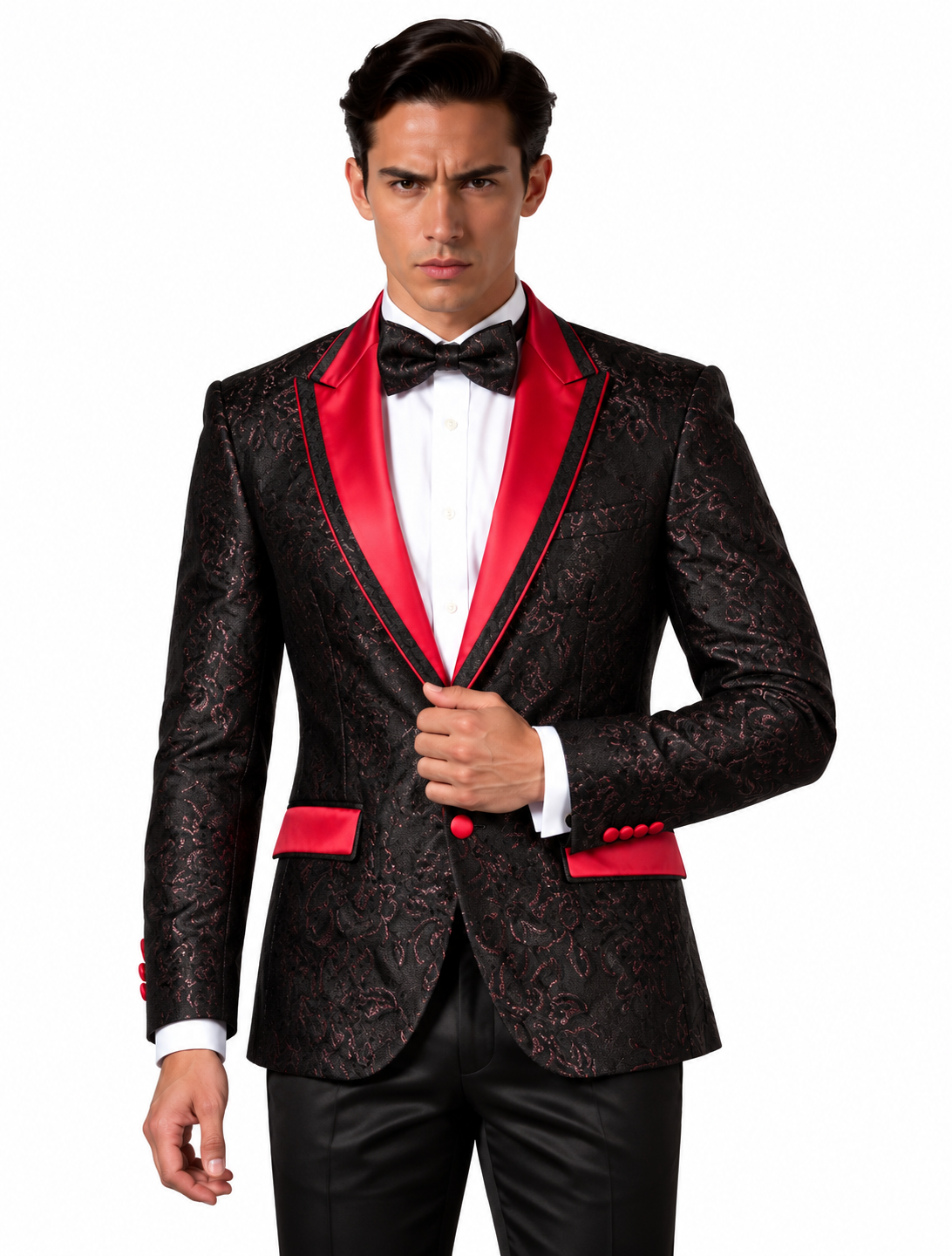 Manzini Men's Designer Blazer – Black Paisley with Red Lapel - Manzini designer blazer photo 4 - e6b3c46c-811e-4b9a-8c7a-228d98ee00ac.png