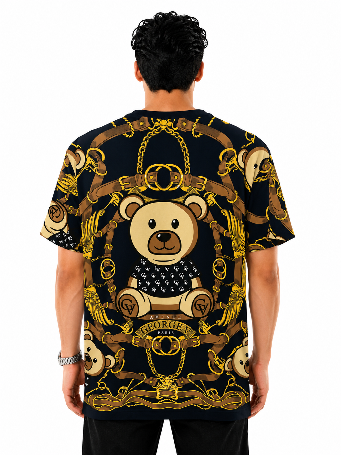 George V Teddy Bear Allover Short Sleeve T-Shirt - Black - back - ec0f78c2-3426-4cfc-834b-93ee4d383ae1.png