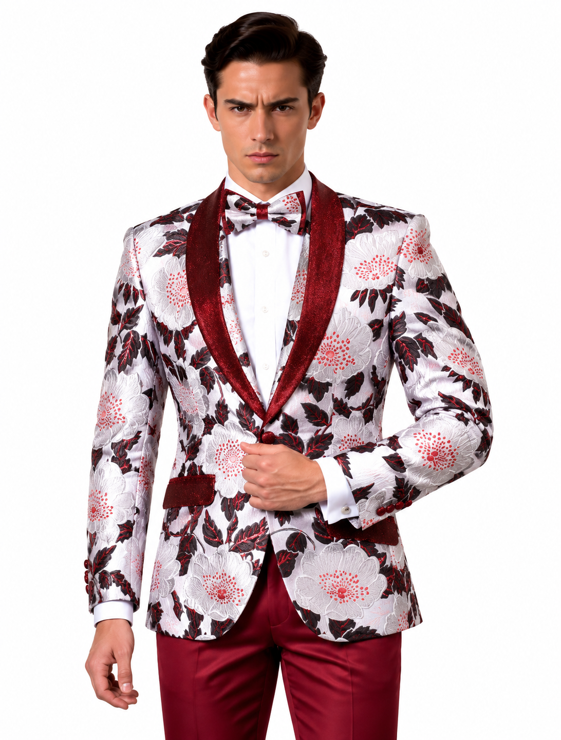 Manzini Men's Designer Blazer – White & Burgundy Floral - Manzini designer blazer photo 4 - f49d1357-b2ad-44d8-8999-cb5c19a9b17f.png