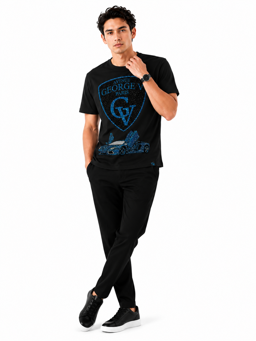 George V Crest Car Short Sleeve T-Shirt - Black / Blue - front - f8a3efb0-5e45-4f62-9026-c91b5e06165a.png