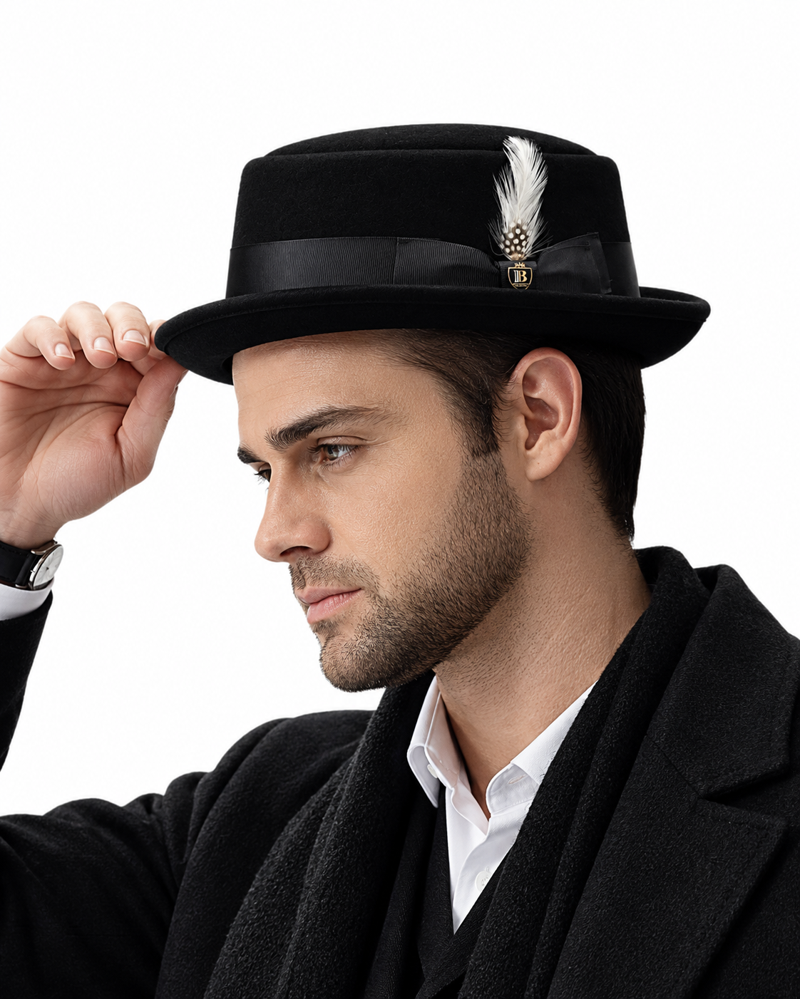 Man wearing black wool felt pork pie hat – styled side view