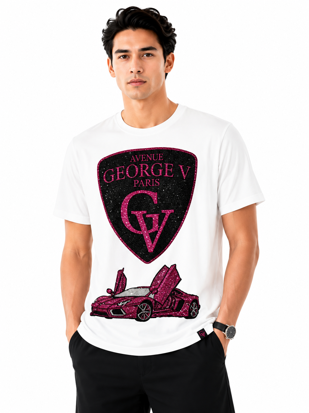 George V Crest Car Short Sleeve T-Shirt - White / Pink - front - fec207d0-9efd-46e0-9bfb-e4d2d07b75a3.png