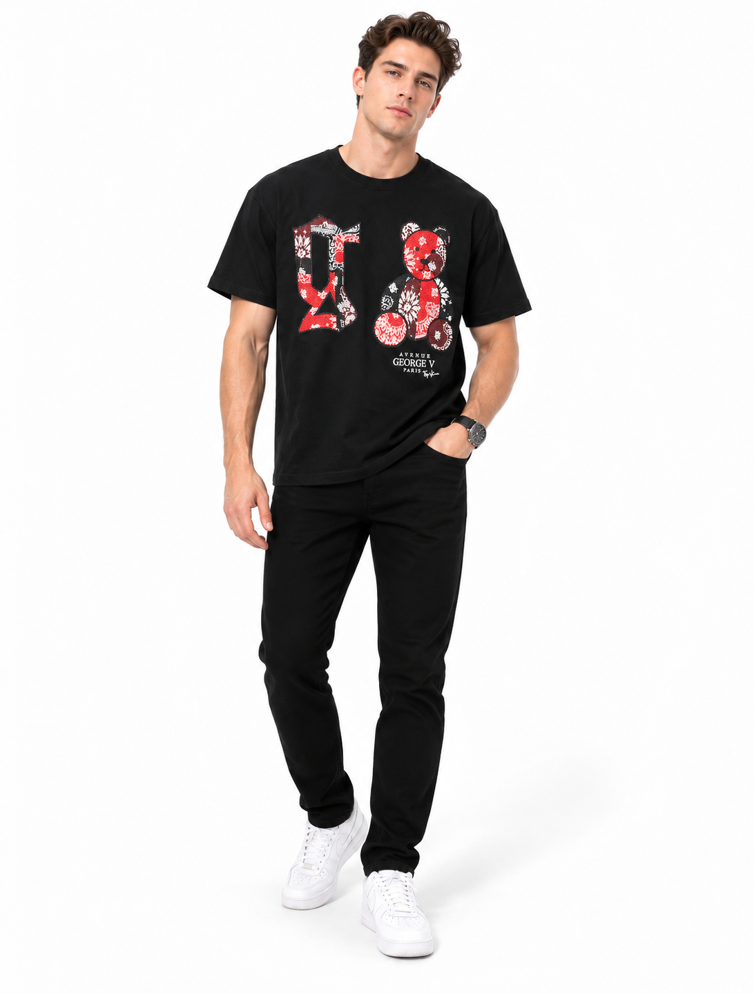 Man wearing Avenue George V Paris Bandana Bear G T-Shirt in Black / Red – men's graphic tee at Turning Point, Baltimore