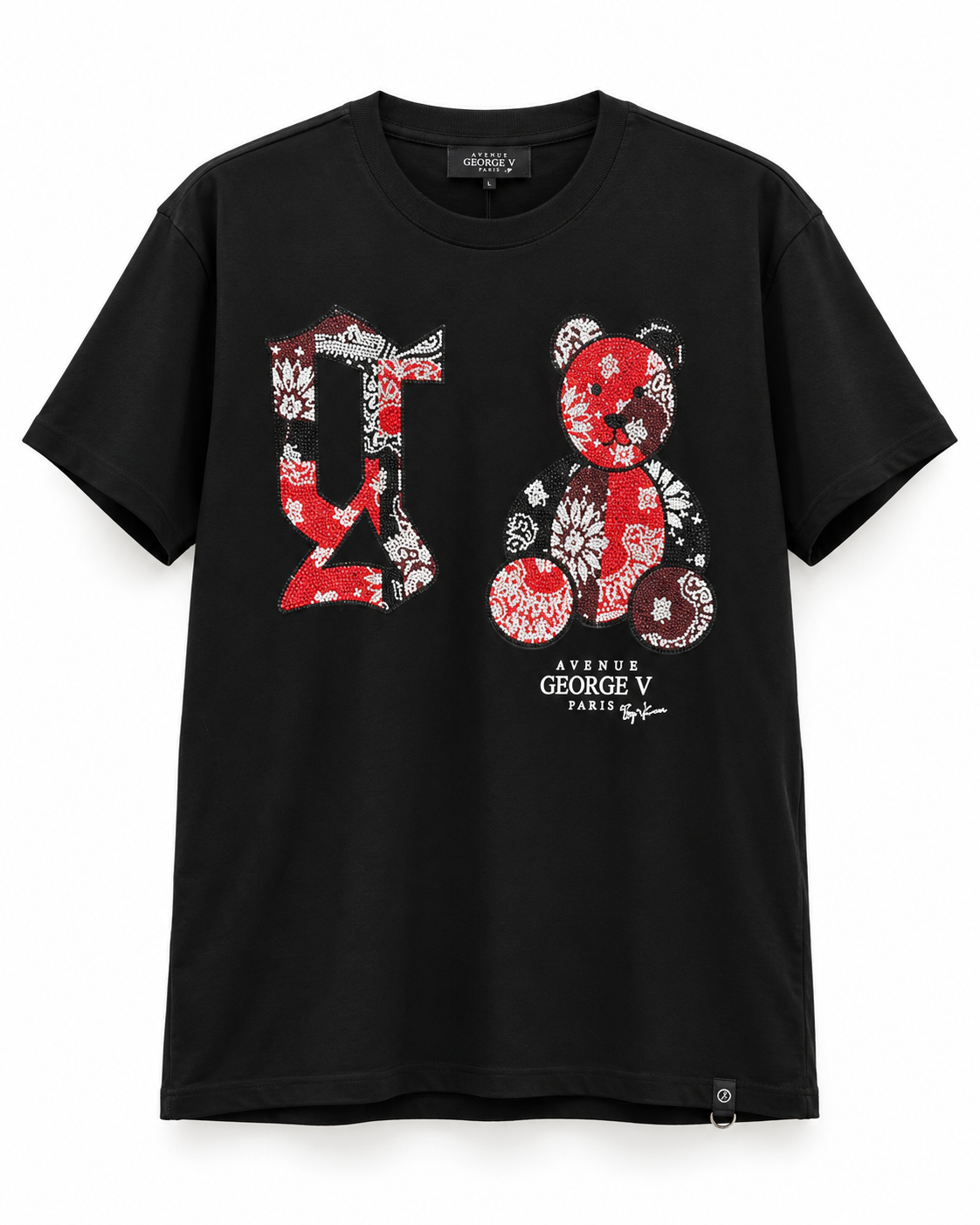 Avenue George V Paris Bandana Bear G T-Shirt in Black / Red, front flat product photo