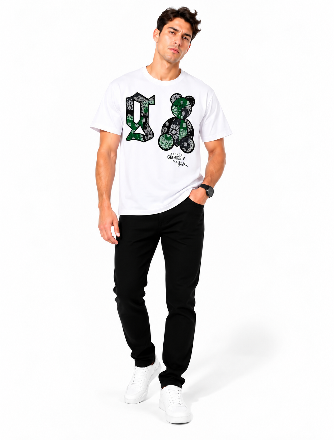 Man wearing Avenue George V Paris Bandana Bear G T-Shirt in White / Green – men's graphic tee at Turning Point, Baltimore