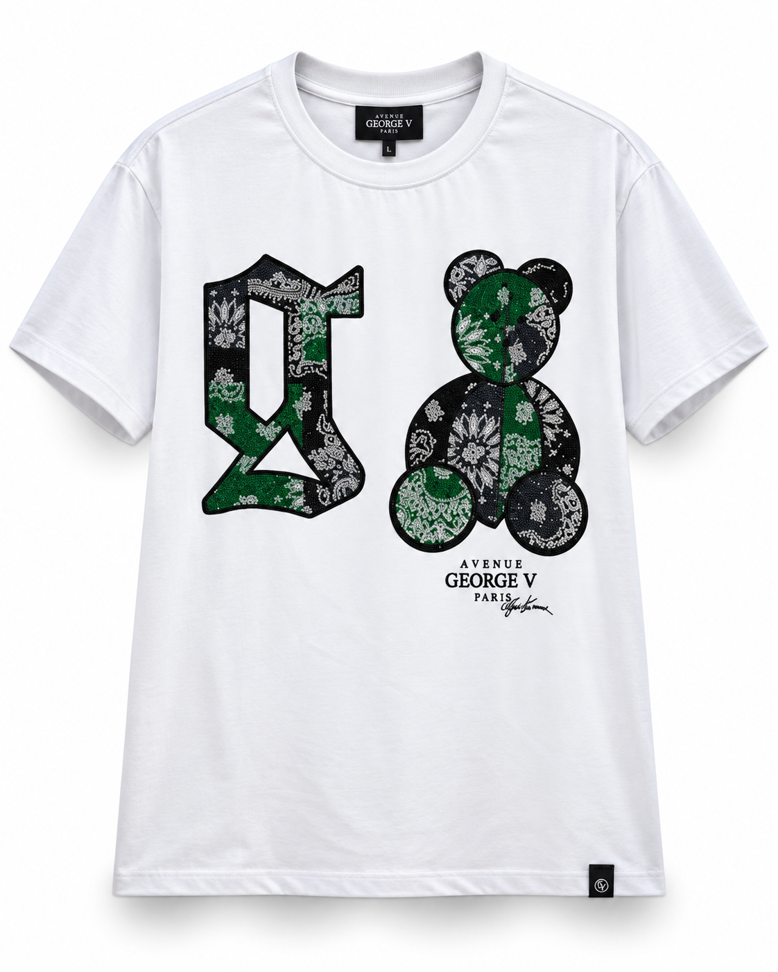 Avenue George V Paris Bandana Bear G T-Shirt in White / Green, front flat product photo