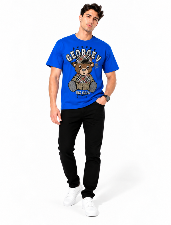 Man wearing Avenue George V Paris Big Boss Bear T-Shirt in Blue – men's graphic tee at Turning Point, Baltimore