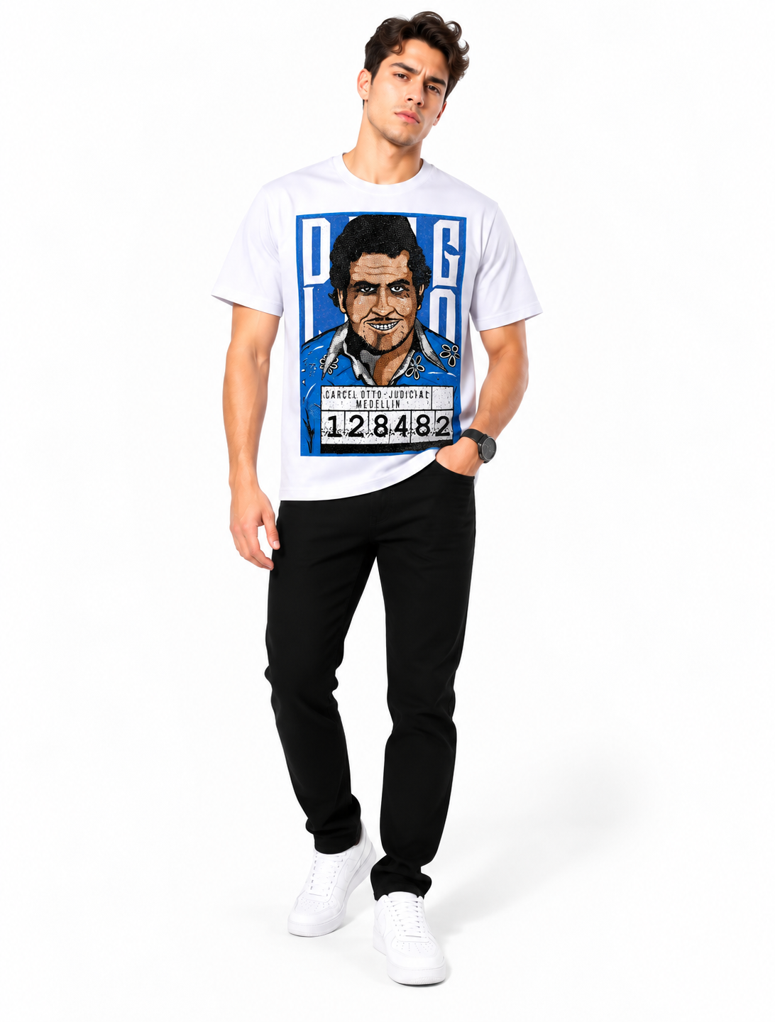 Man wearing Avenue George V Paris Cárcel Medellín Mugshot T-Shirt in White – men's graphic tee at Turning Point, Baltimore