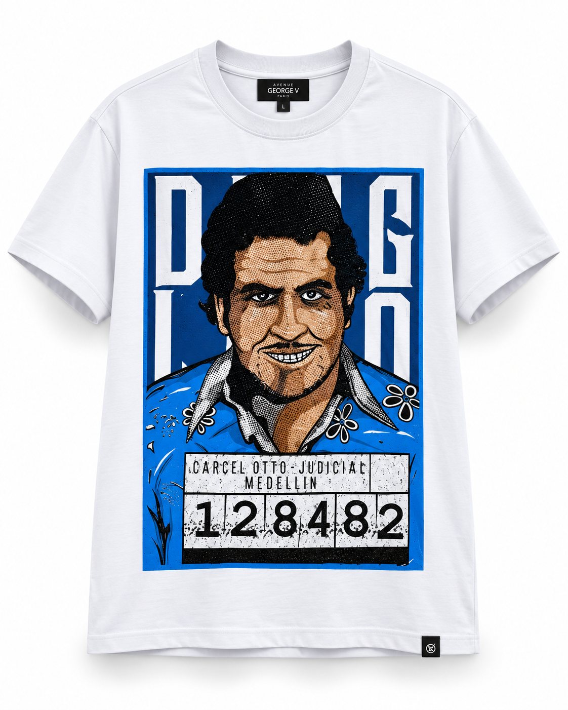 Avenue George V Paris Cárcel Medellín Mugshot T-Shirt in White, front flat product photo