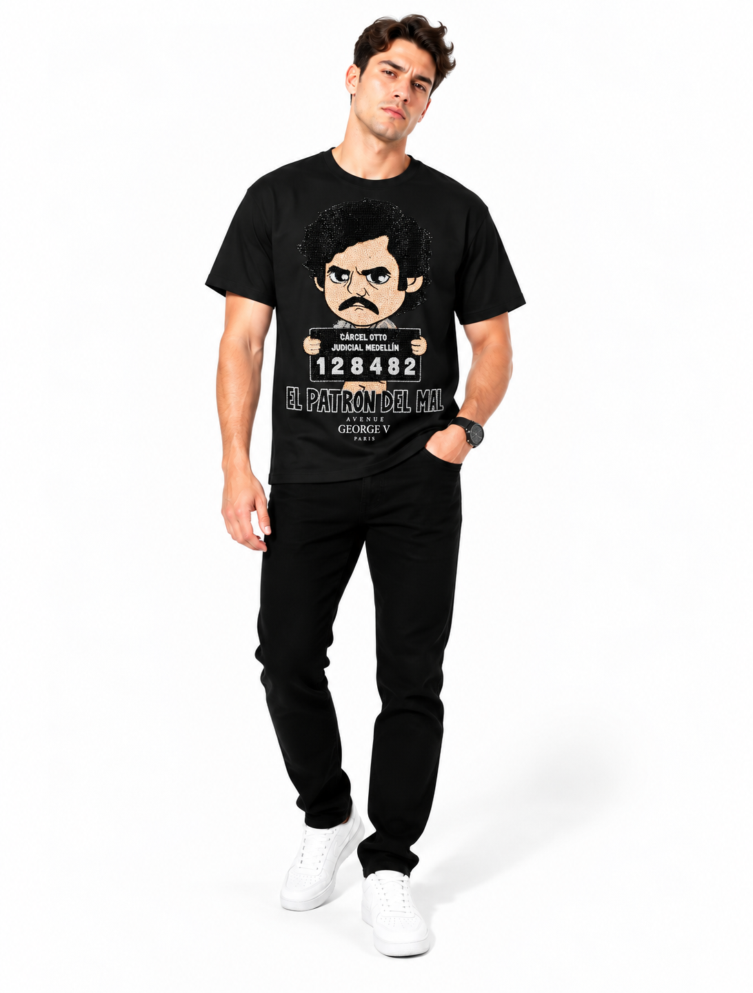 Man wearing Avenue George V Paris El Patrón del Mal T-Shirt in Black – men's graphic tee at Turning Point, Baltimore