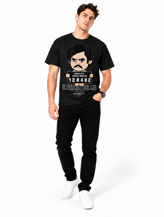 Man wearing Avenue George V Paris El Patrón del Mal T-Shirt in Black – men's graphic tee at Turning Point, Baltimore