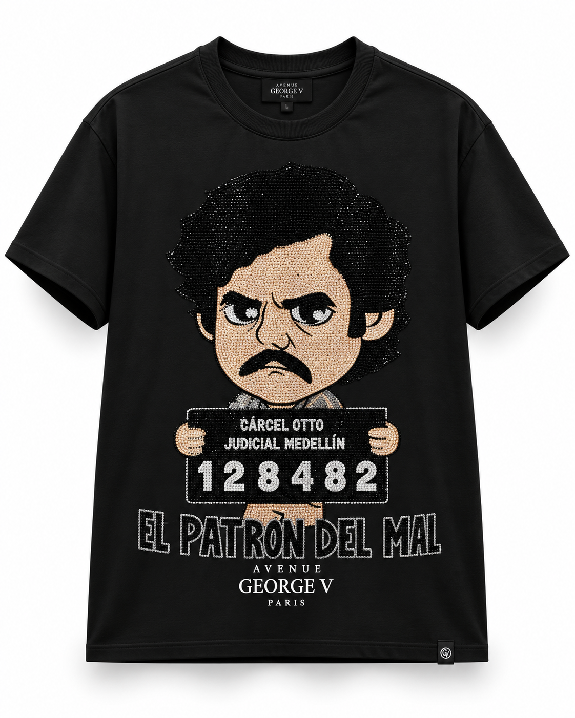 Avenue George V Paris El Patrón del Mal T-Shirt in Black, front flat product photo