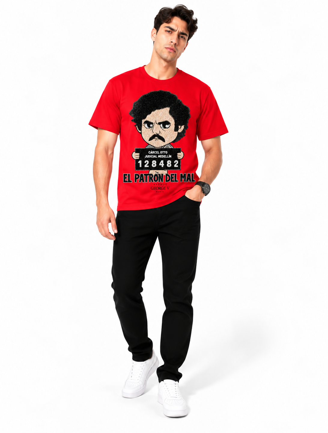 Man wearing Avenue George V Paris El Patrón del Mal T-Shirt in Red – men's graphic tee at Turning Point, Baltimore