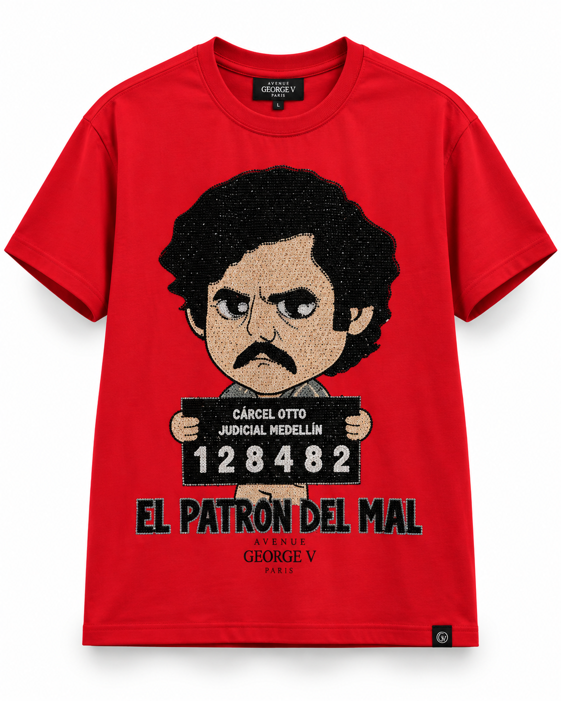 Avenue George V Paris El Patrón del Mal T-Shirt in Red, front flat product photo
