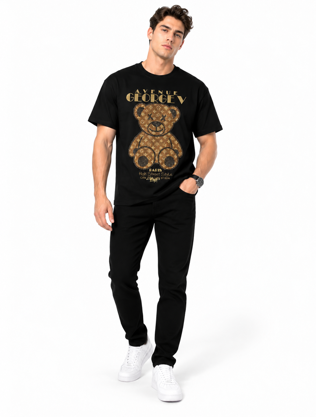 Man wearing Avenue George V Paris Golden Bear T-Shirt in Black – men's graphic tee at Turning Point, Baltimore
