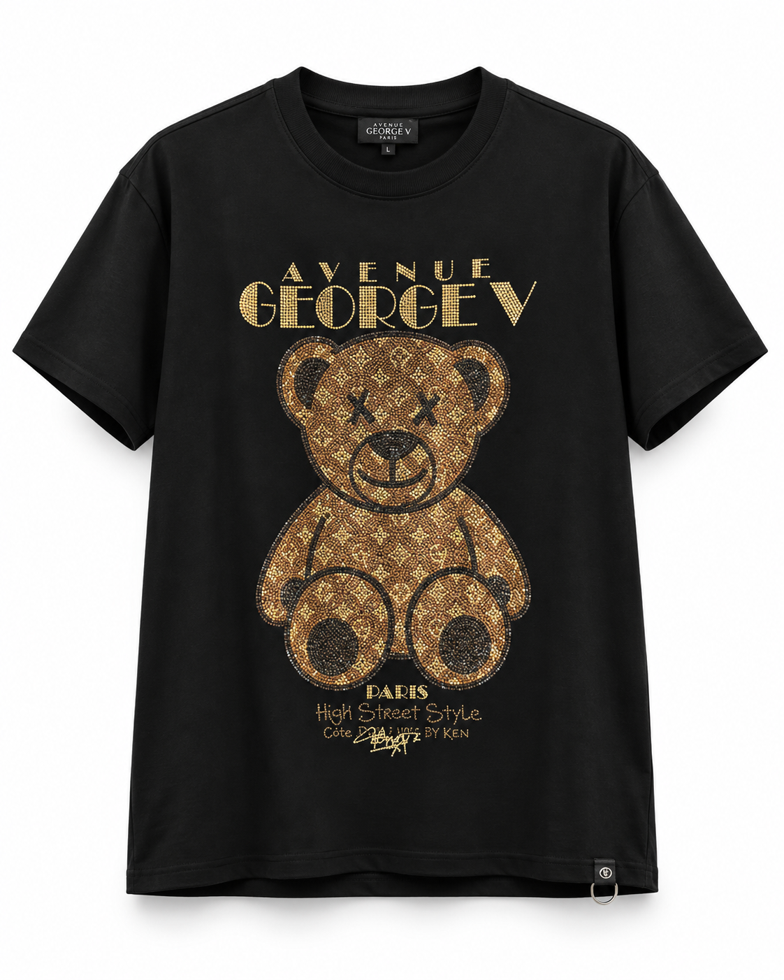 Avenue George V Paris Golden Bear T-Shirt in Black, front flat product photo
