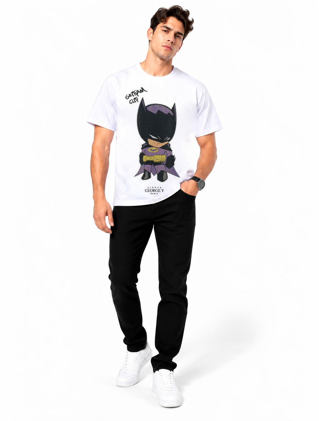 Man wearing Avenue George V Paris Gotham City T-Shirt in White – men's graphic tee at Turning Point, Baltimore