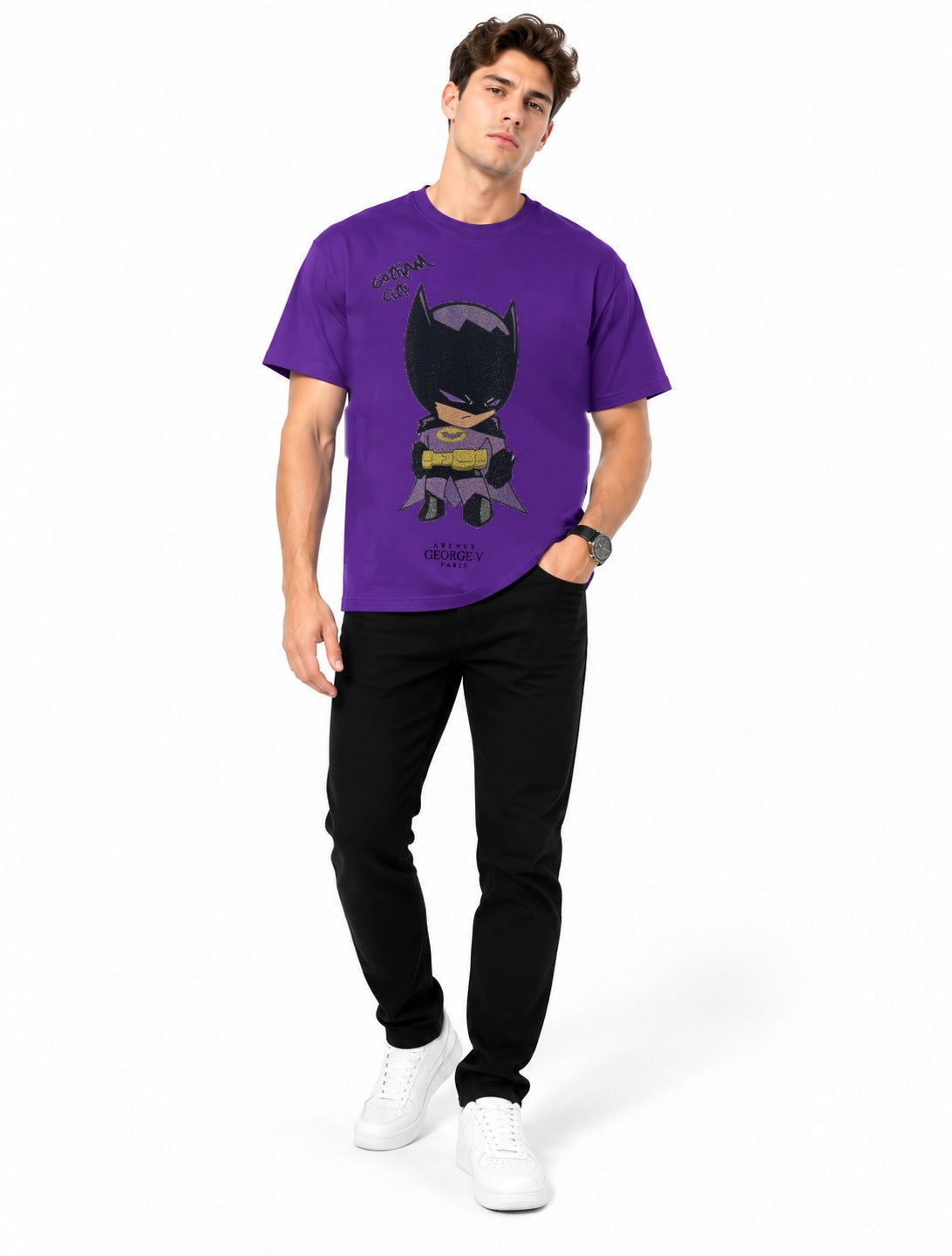 Man wearing Avenue George V Paris Gotham City T-Shirt in Purple – men's graphic tee at Turning Point, Baltimore