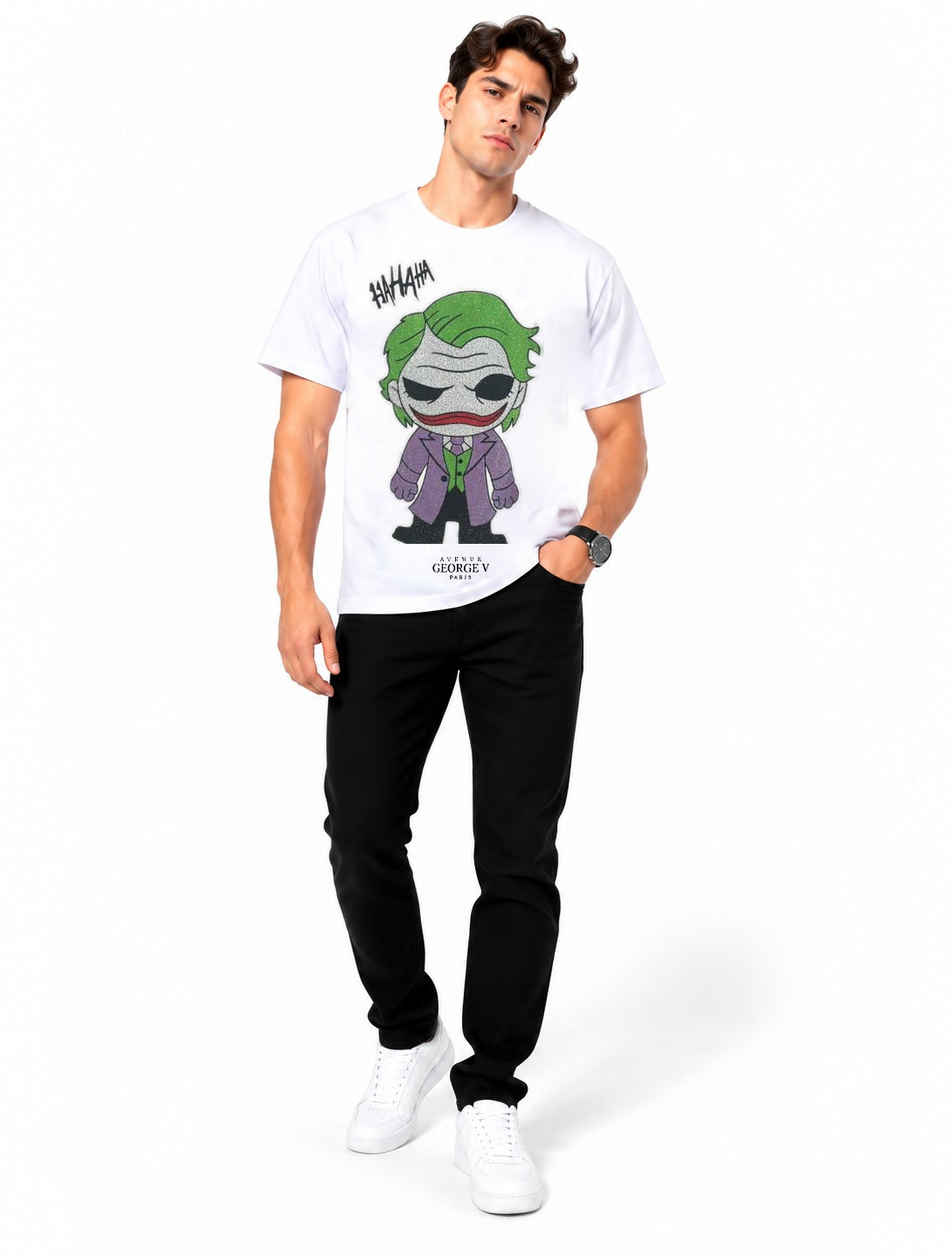 Man wearing Avenue George V Paris Joker HAHAHA T-Shirt in White – men's graphic tee at Turning Point, Baltimore