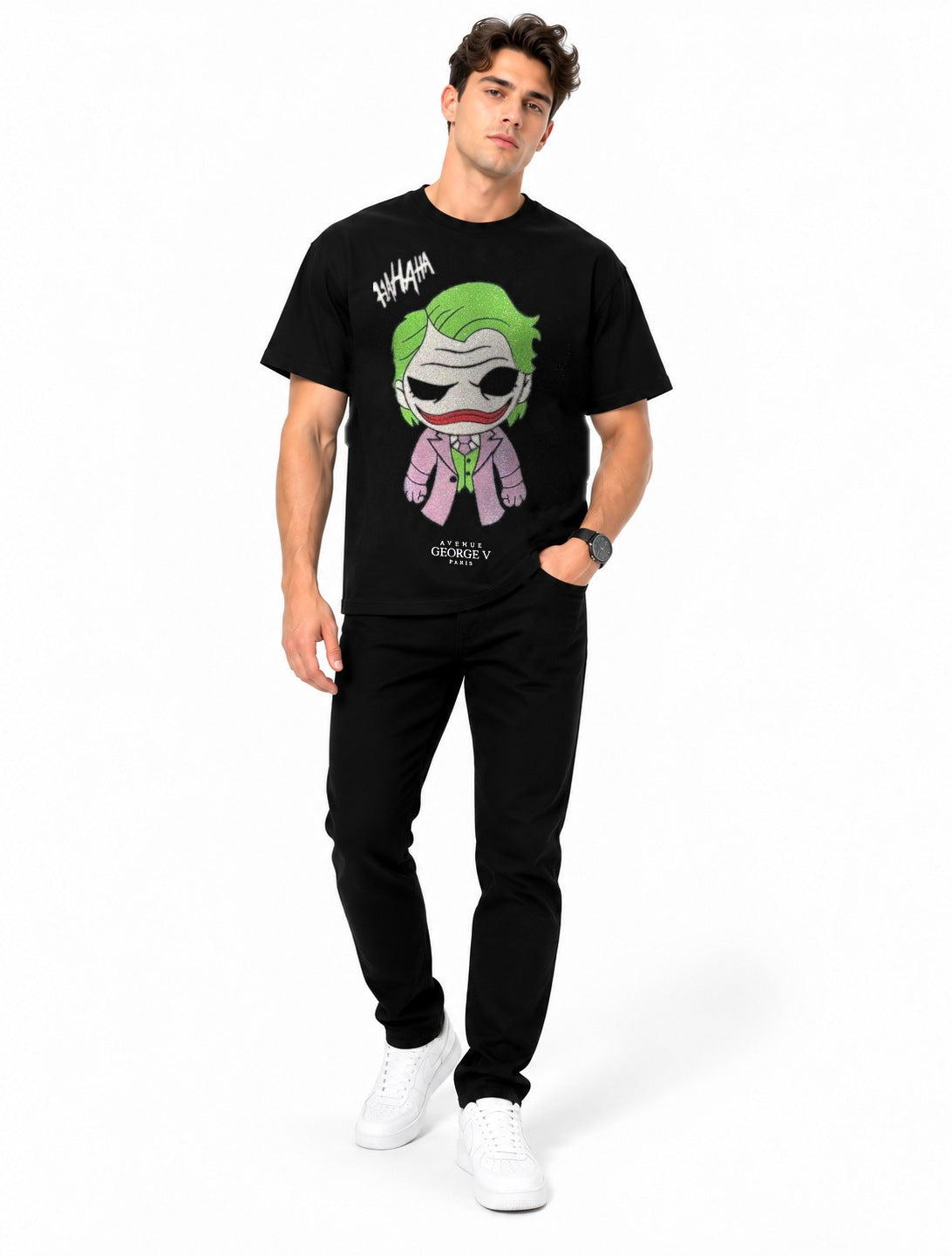Man wearing Avenue George V Paris Joker HAHAHA T-Shirt in Black – men's graphic tee at Turning Point, Baltimore