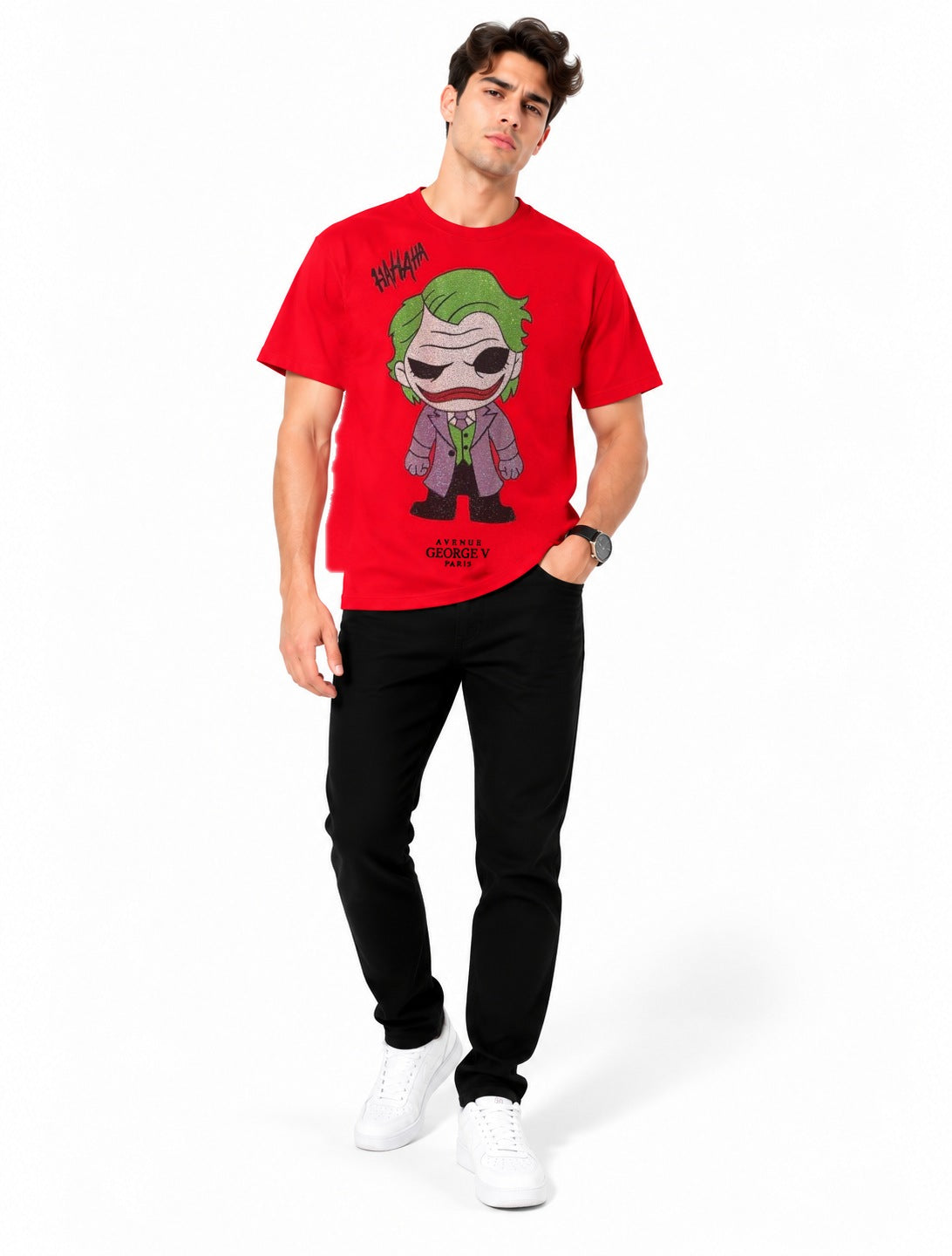 Man wearing Avenue George V Paris Joker HAHAHA T-Shirt in Red – men's graphic tee at Turning Point, Baltimore