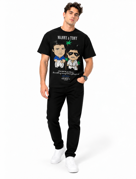 Man wearing Avenue George V Paris Manny & Tony T-Shirt in Black – men's graphic tee at Turning Point, Baltimore