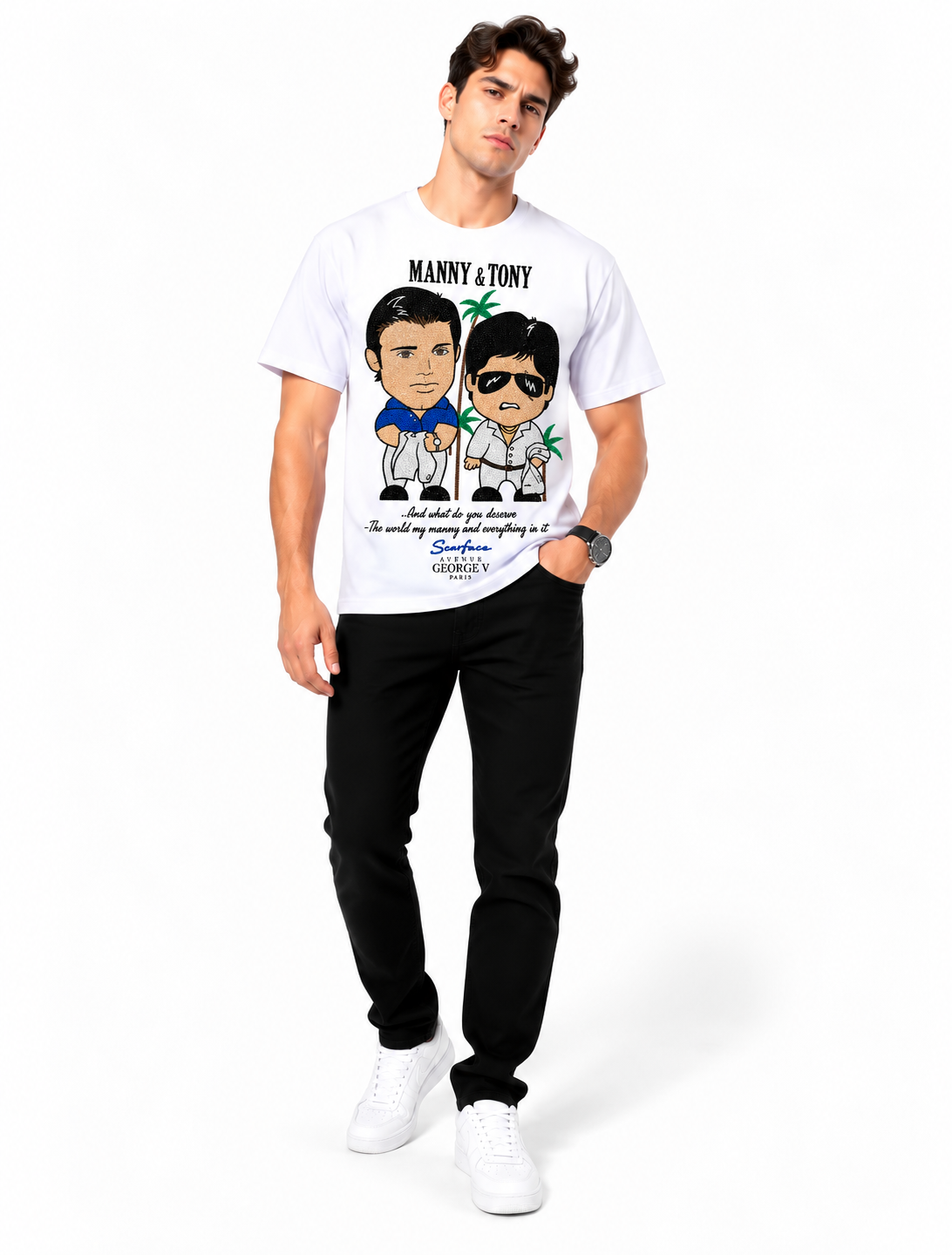 Man wearing Avenue George V Paris Manny & Tony T-Shirt in White – men's graphic tee at Turning Point, Baltimore