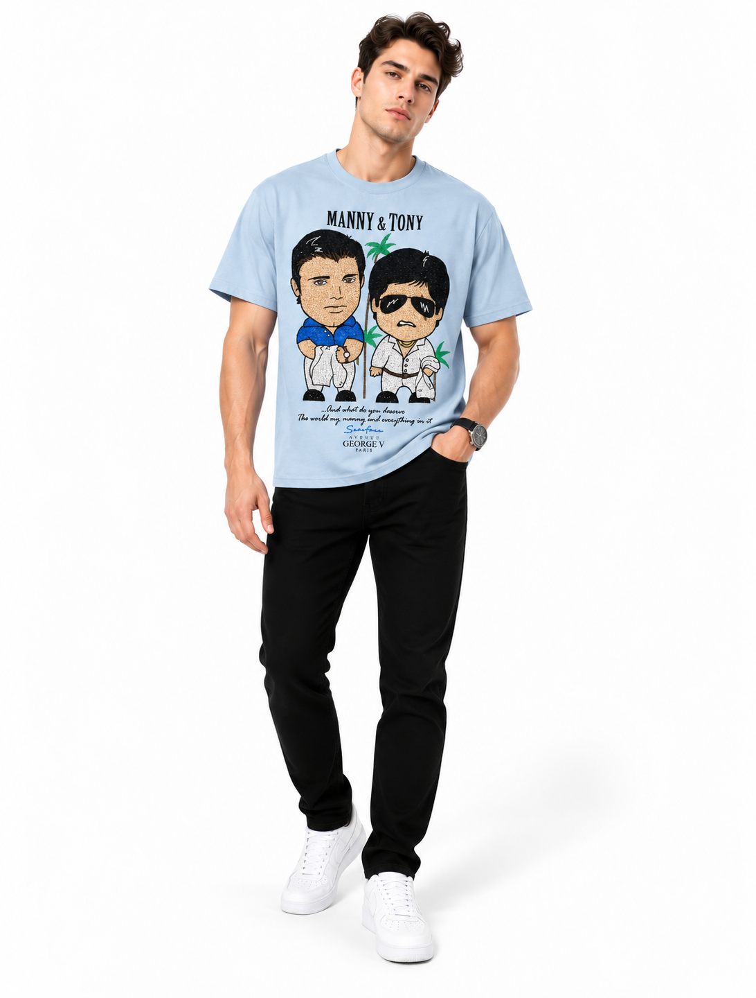 Man wearing Avenue George V Paris Manny & Tony T-Shirt in Light Blue – men's graphic tee at Turning Point, Baltimore