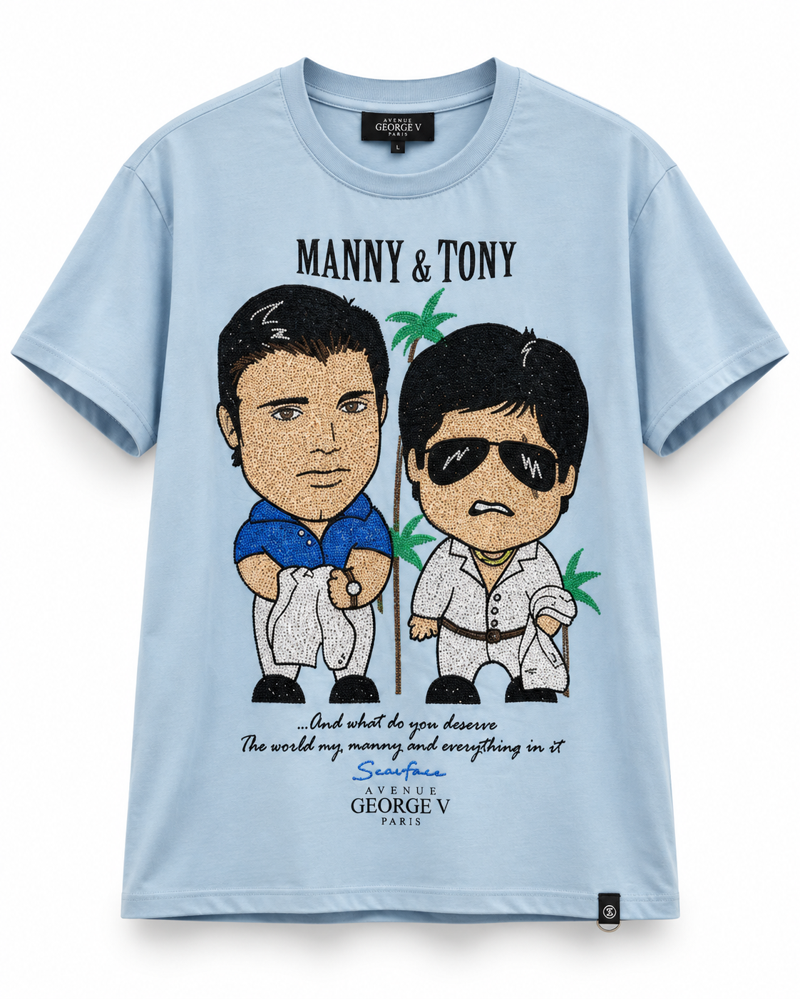 Avenue George V Paris Manny & Tony T-Shirt in Light Blue, front flat product photo