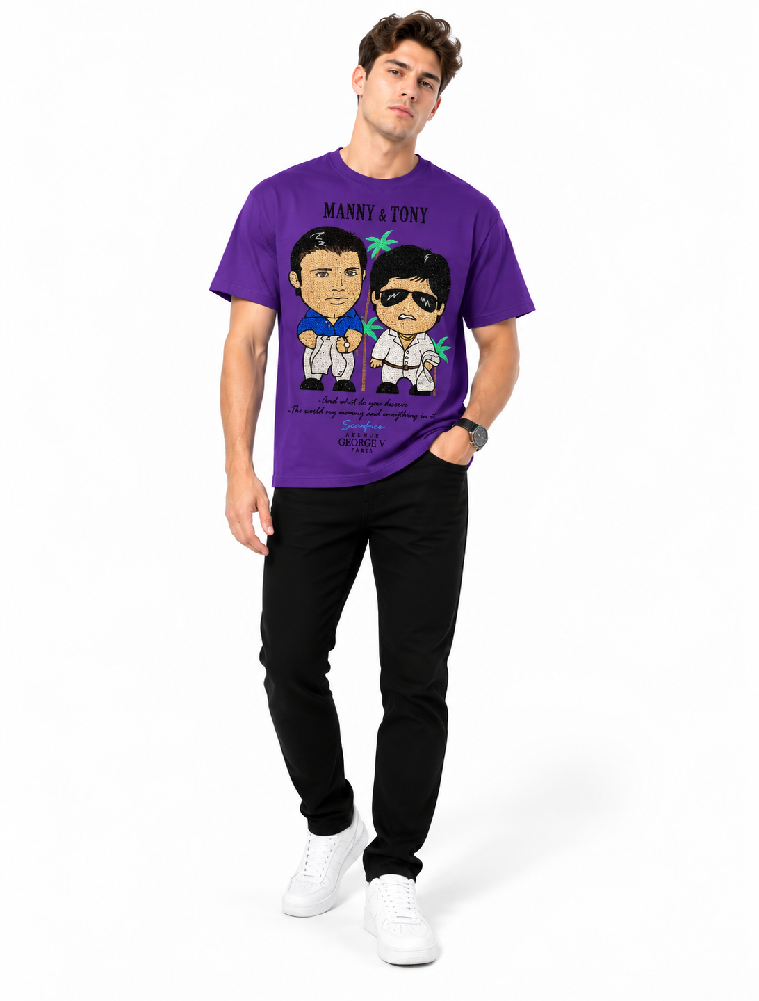 Man wearing Avenue George V Paris Manny & Tony T-Shirt in Purple – men's graphic tee at Turning Point, Baltimore