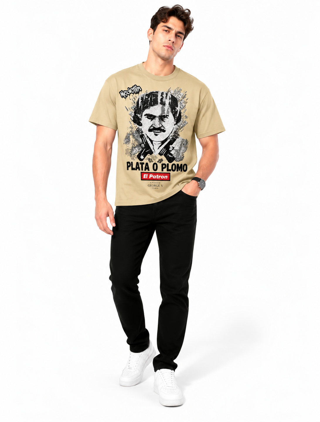 Man wearing Avenue George V Paris Plata O Plomo T-Shirt in Beige – men's graphic tee at Turning Point, Baltimore