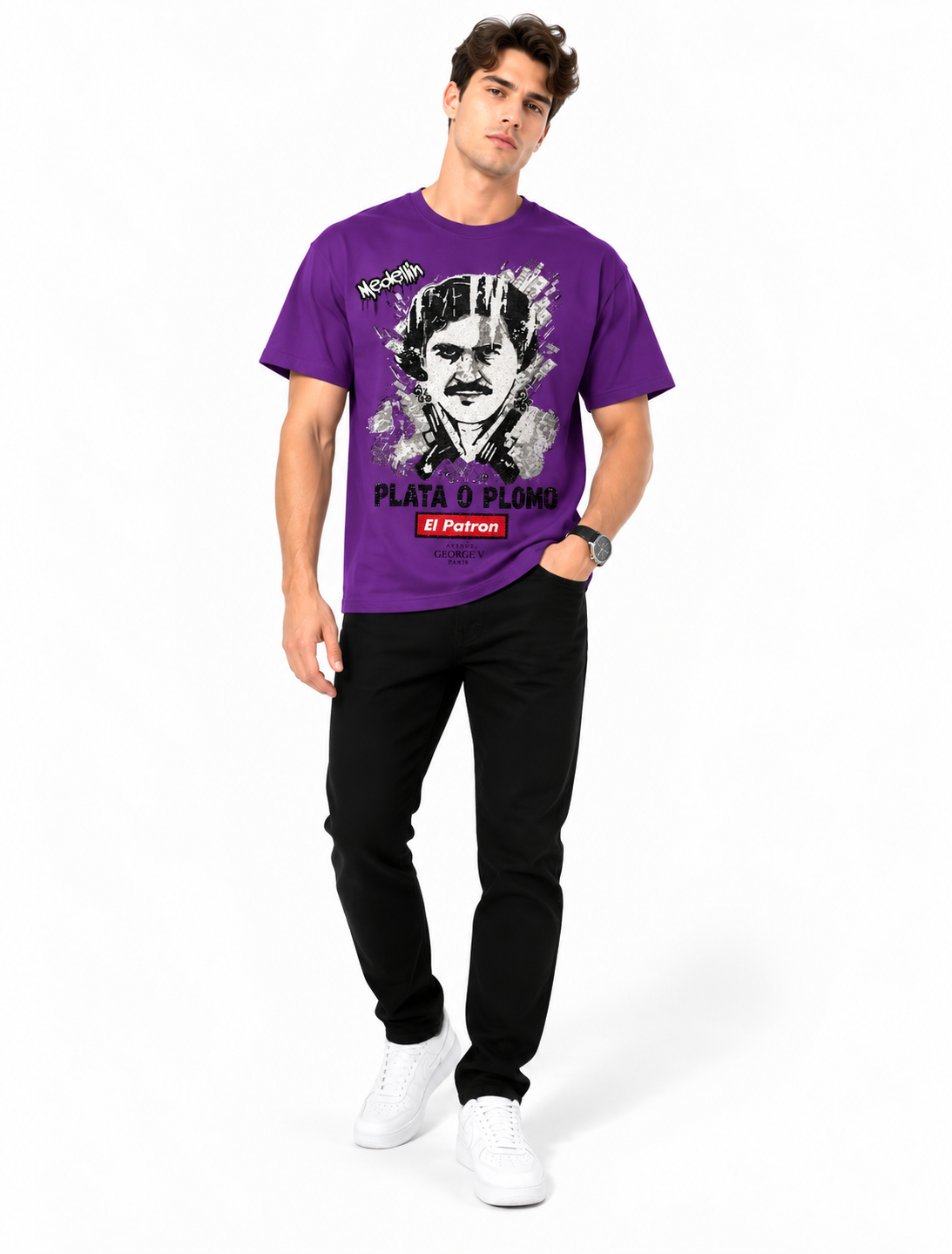 Man wearing Avenue George V Paris Plata O Plomo T-Shirt in Purple – men's graphic tee at Turning Point, Baltimore