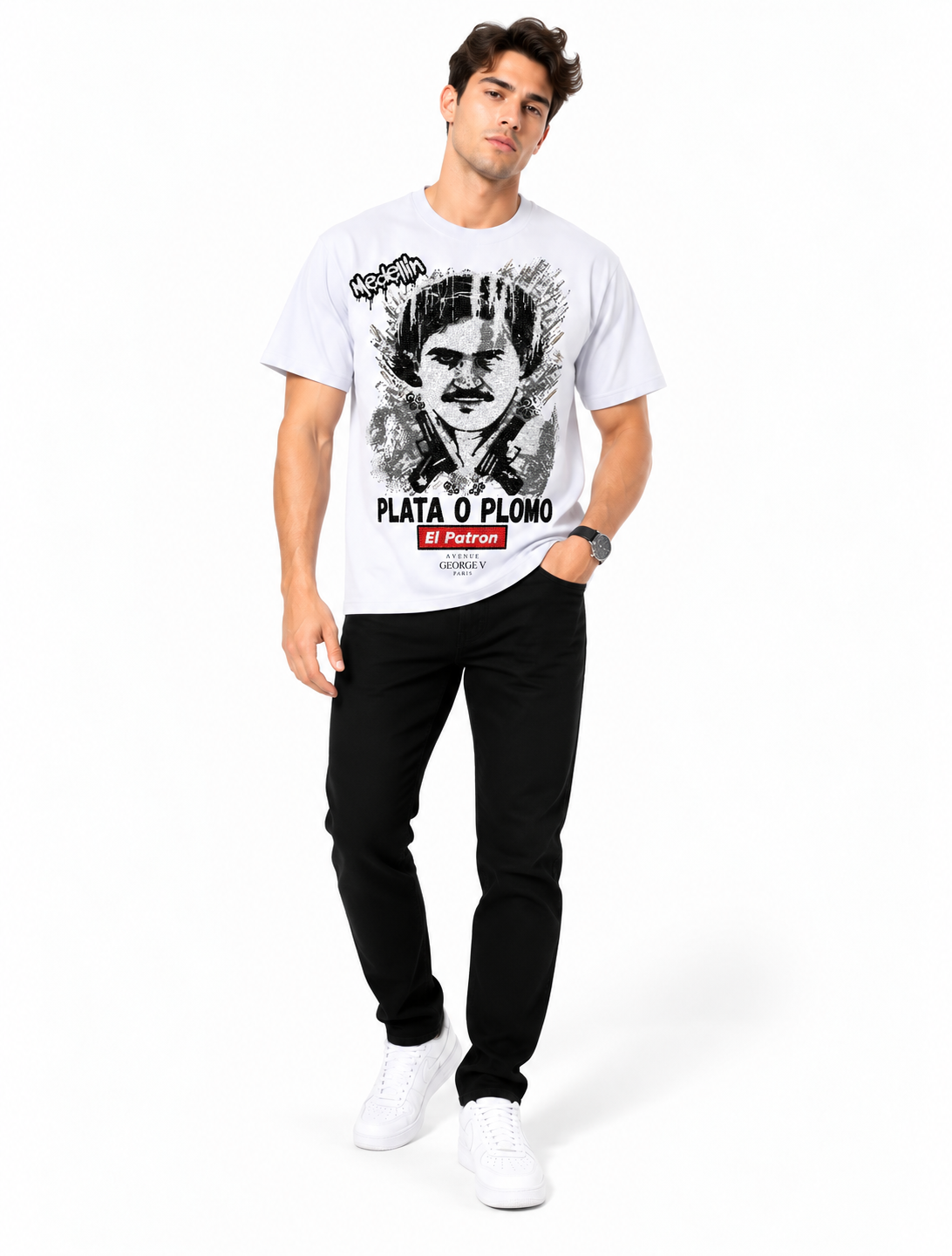 Man wearing Avenue George V Paris Plata O Plomo T-Shirt in White – men's graphic tee at Turning Point, Baltimore