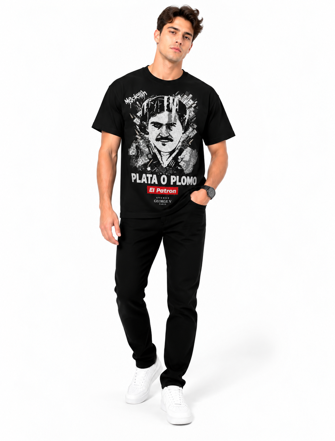 Man wearing Avenue George V Paris Plata O Plomo T-Shirt in Black – men's graphic tee at Turning Point, Baltimore