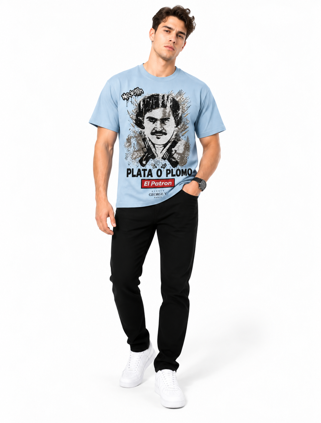 Man wearing Avenue George V Paris Plata O Plomo T-Shirt in Light Blue – men's graphic tee at Turning Point, Baltimore