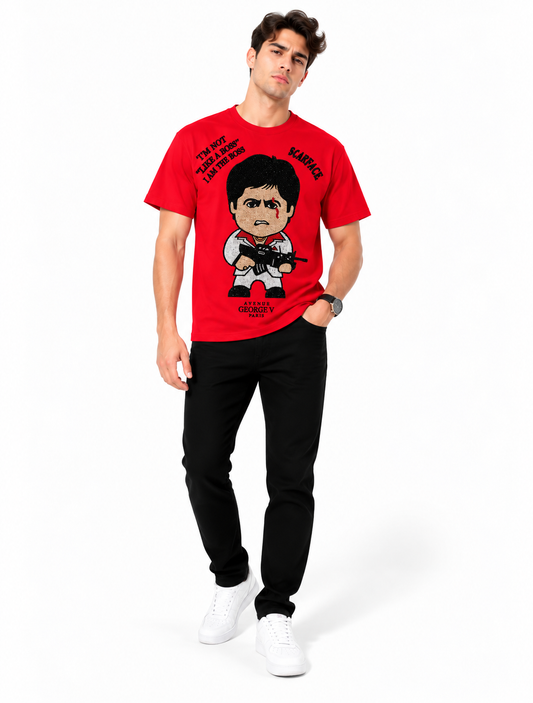 Man wearing Avenue George V Paris Scarface Boss T-Shirt in Red – men's graphic tee at Turning Point, Baltimore