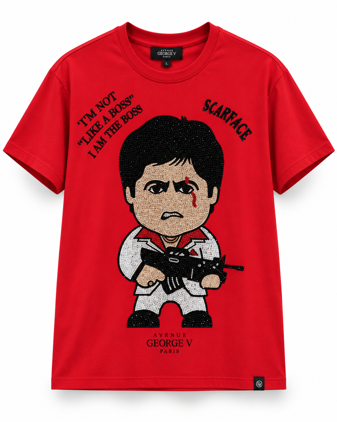 Avenue George V Paris Scarface Boss T-Shirt in Red, front flat product photo