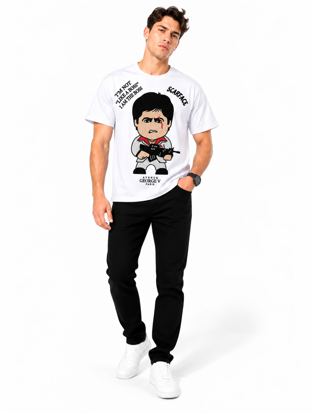 Man wearing Avenue George V Paris Scarface Boss T-Shirt in White – men's graphic tee at Turning Point, Baltimore