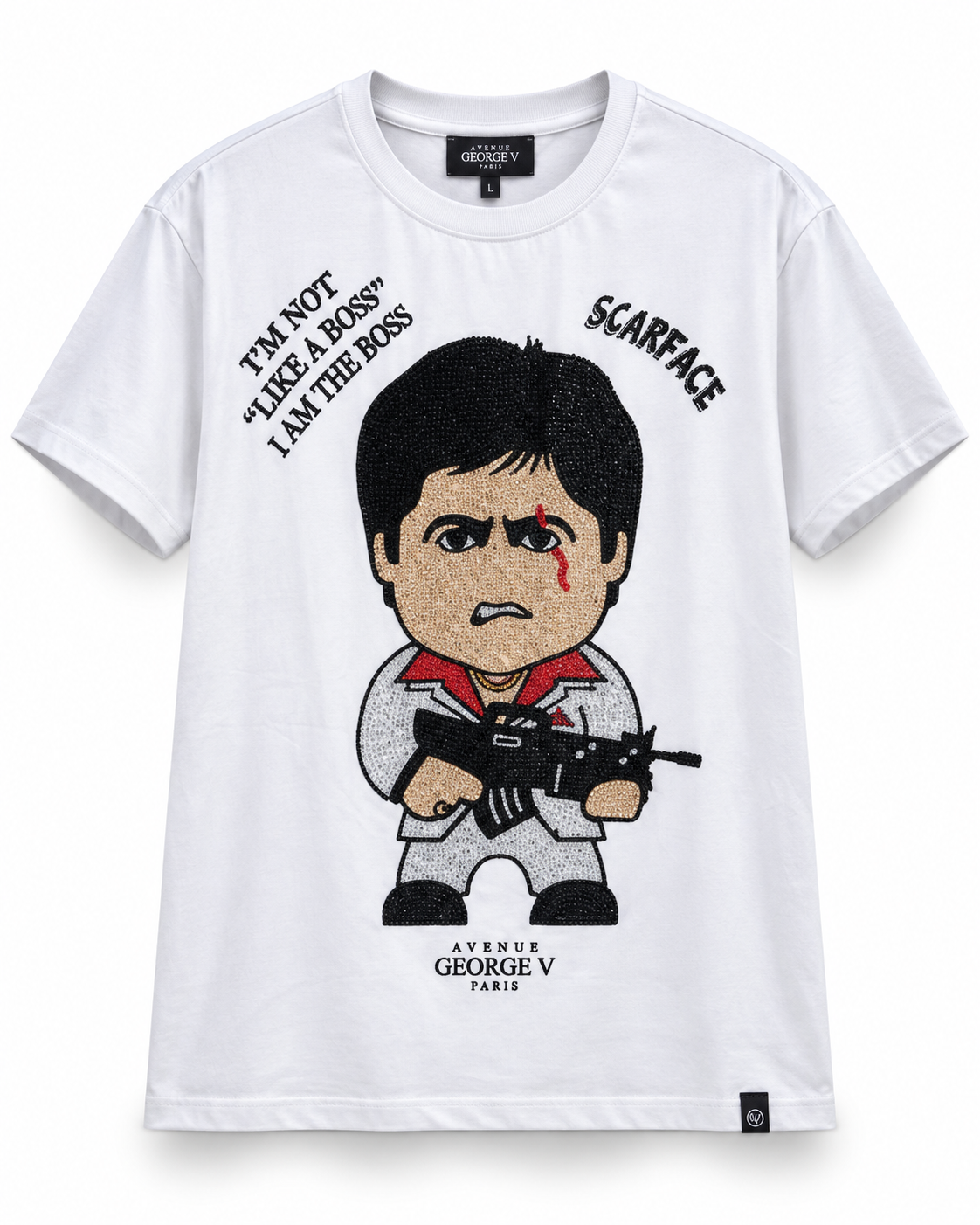 Avenue George V Paris Scarface Boss T-Shirt in White, front flat product photo